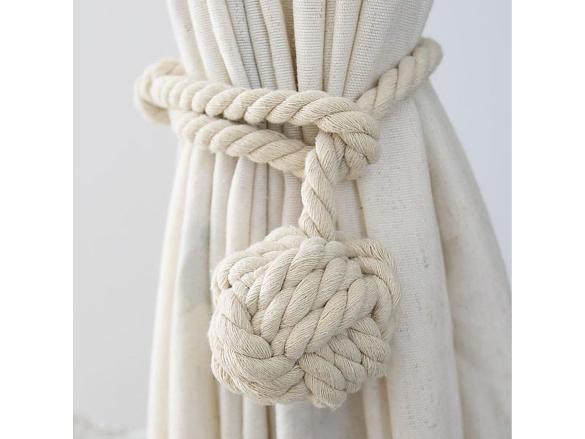Rebe-ataduras De Cortinas Linjou Tejidas A Mano De Algodón Beige Decoración Hogar 2 Piezas