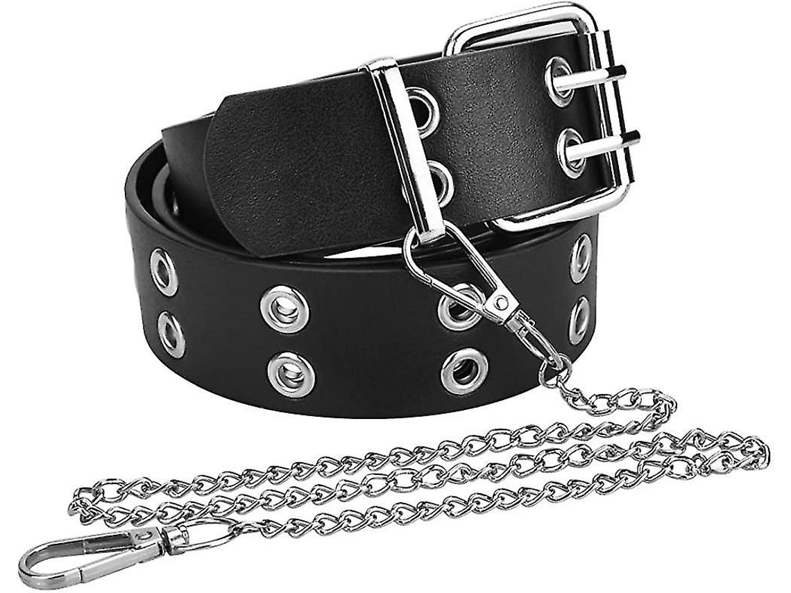 Cinturón De Cuero Punk Para Mujer Con Remaches Dobles Y Cadena Desmontable Negro 3.8cm Ancho 110cm Largo