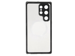 Capa Magnética Para S23 Ultra Metal Acrílico Transparente Antichoque Proteção Total Com Fivela Elástica Preta