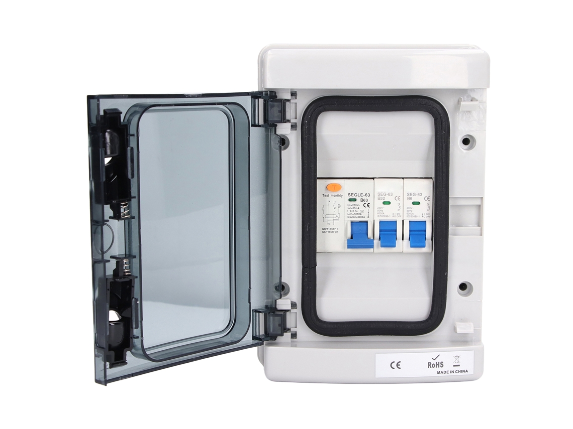 Caja de distribución impermeable de 230 V, bidireccional, estándar UE, con 2 interruptores diferenciales MCB B (B6AB32A63A 1PN)