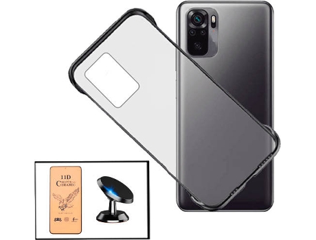 Kit Cristal Templado CeramicGlass Full Cover, Funda Invisible Bumper y Soporte Magnético de Coche Xiaomi Redmi Note 10s PHONECARE Transparente Negro