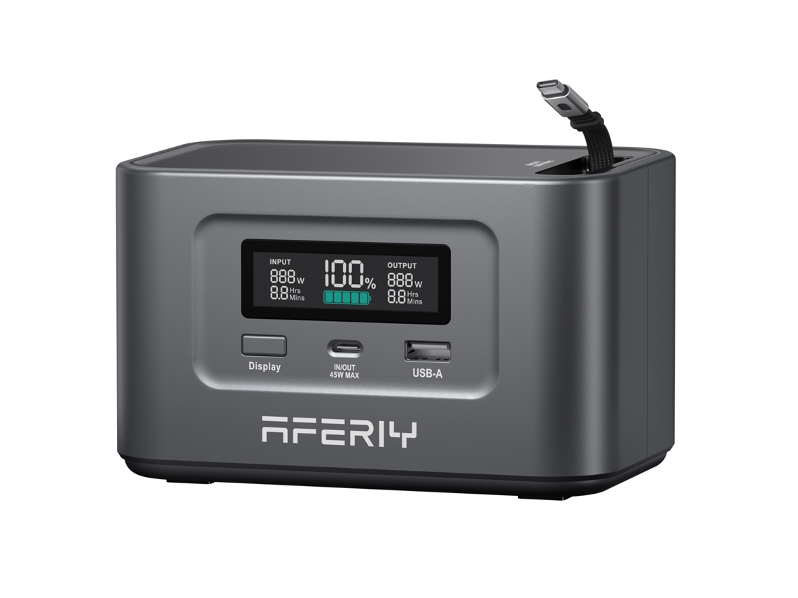 Estación de energía portátil Aferiy de 100 W y 99,2 Wh, batería de fosfato de hierro y litio, 3000 ciclos de carga, cable retráctil, puerto USB-C.