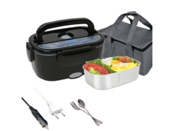 Lancheira Elétrica Doméstica 220V Carro 12V 24V 1.5L 304 Aço Inoxidável com Colher e Garfo+ Bolsa Isolante-Preto GERTIZ