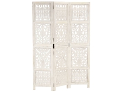 Biombo 3 Paneles Tallado A Mano Madera Mango Blanco 120x165 Cm