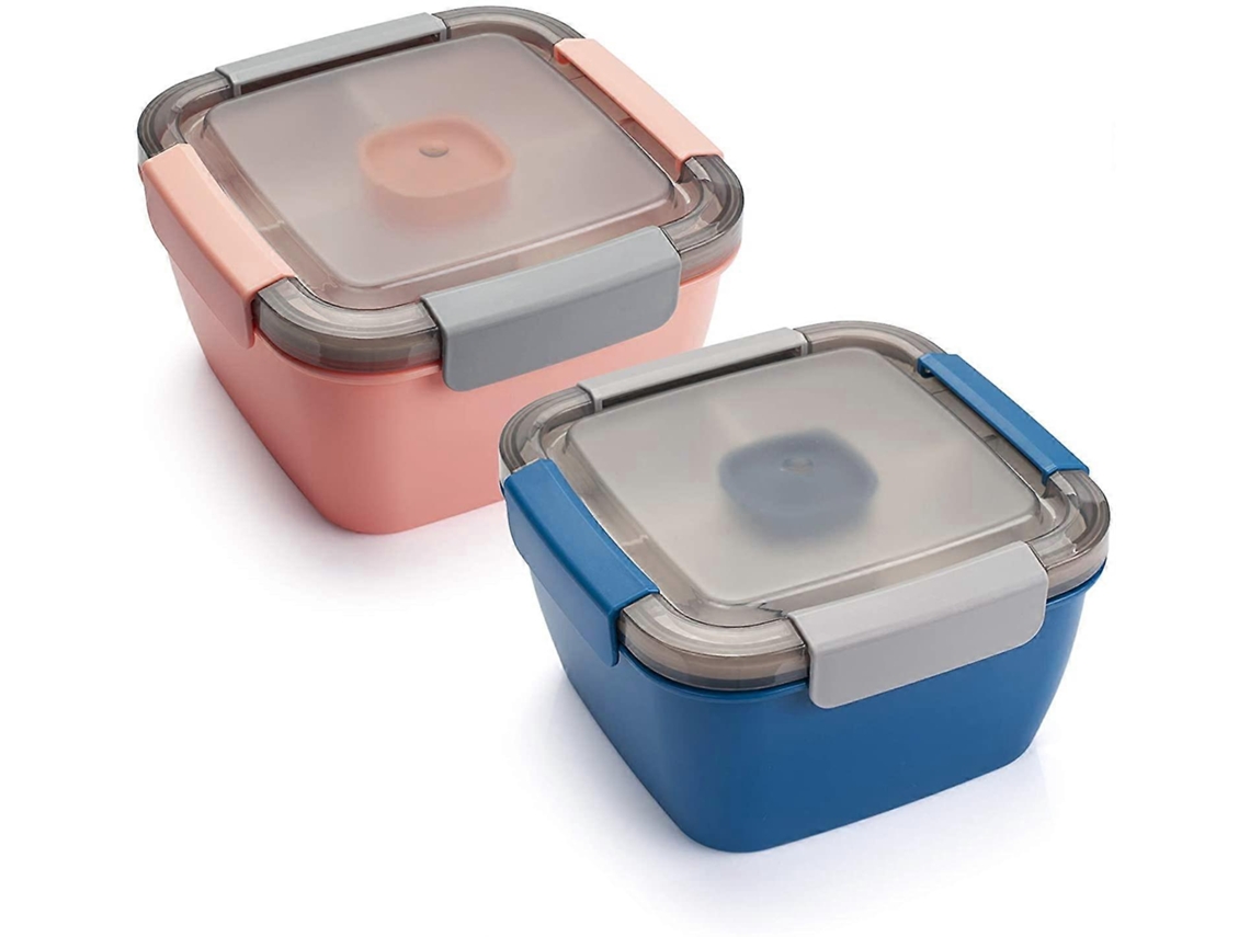 Recipiente De Ensalada Para Almuerzo, Boles De 52 Oz Con 3 Compartimentos Y Contenedor De Salsas, Azul+rosa