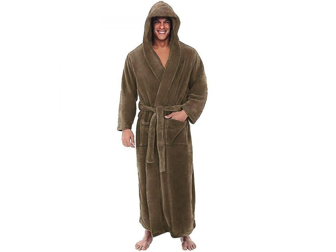 Robe Para Hombre De Flannel Con Capucha Largo Grueso Cálido Kimono Ocasional Otoño/primavera 3xl Marrón