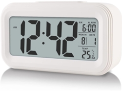 Reloj despertador digital con luz nocturna inteligente, pantalla LED grande, de sobremesa, versión en inglés, blanco, Sfushos (funciona con pilas)