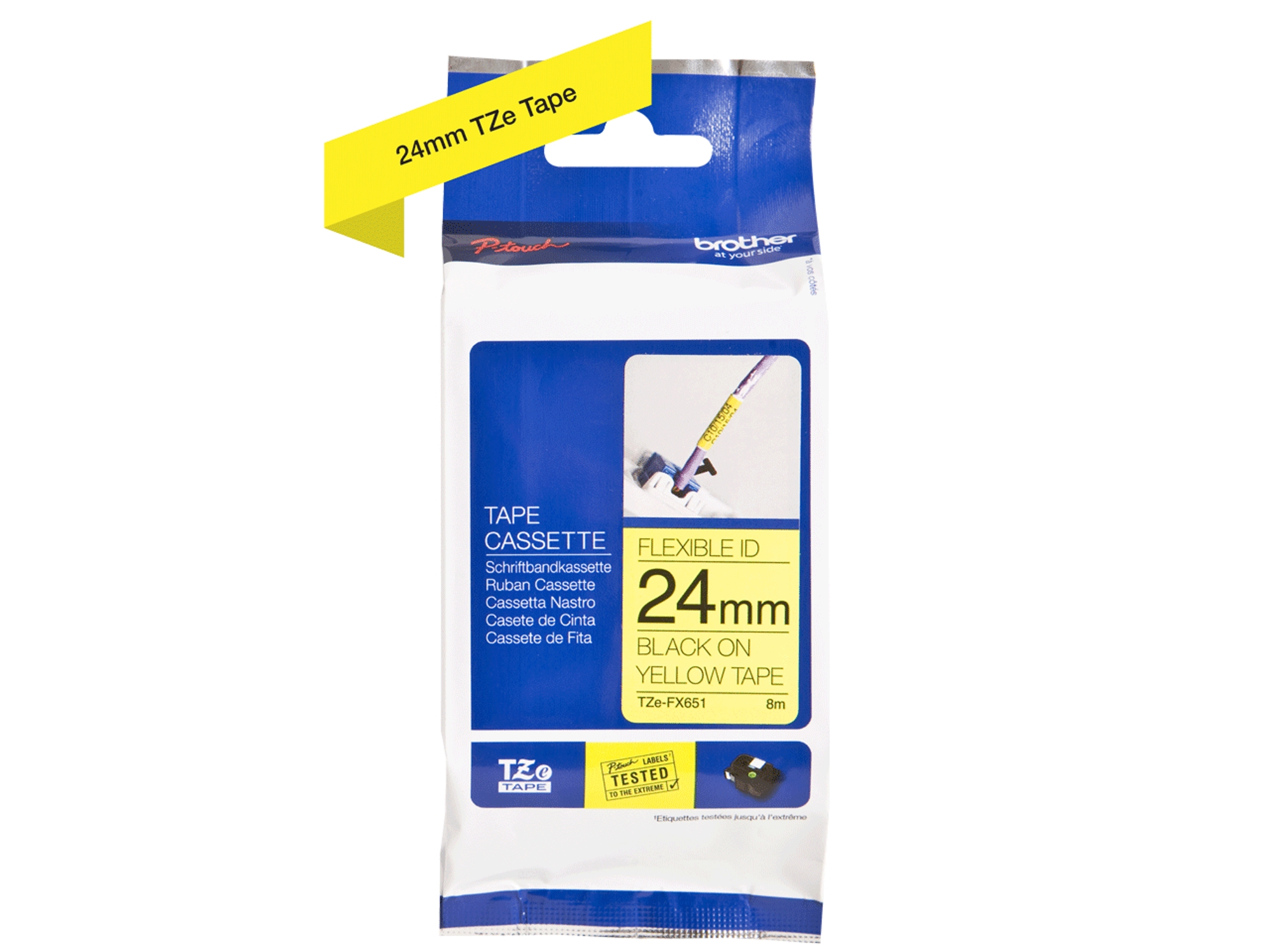 Cinta BROTHER TZEFX651. laminada flexible. Texto negro sobre fondo amarillo.