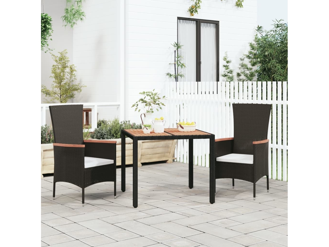 Mesa de jardín LOVELY HOME con tapa de madera de mimbre y patas de acacia maciza en color negro (90 x 90 x 75 cm)