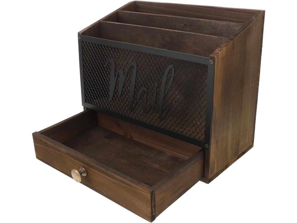 Organizador De Escritorio De Madera Con Compartimentos Y Cajón Para Documentos Y Correo.