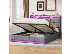 Cama De Matrimonio Grande 160x200cm Gris Lino Con Almacenamiento Hidráulico, Cabecero Led Rgb Y Puertos Usb/tipo-c Diseño Moderno