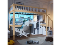 Cama Alta De 90x200 Cm Con Escritorio Led Y Estantes De Almacenamiento, Color Blanco. Colchón No Incluido.