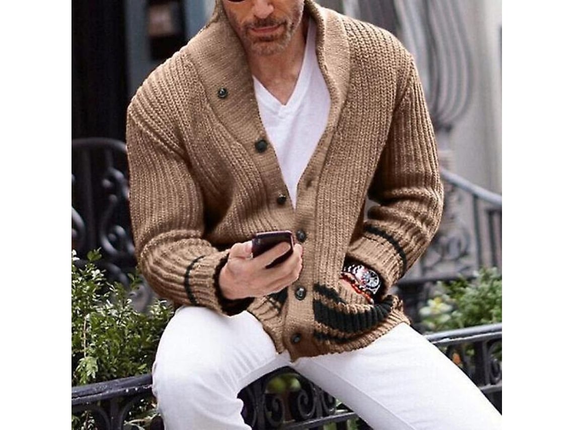 Suéter masculino casual de outono 2026, gola alta, modelagem slim, manga longa, fechamento frontal com botões, tamanho XXL, cor cáqui.