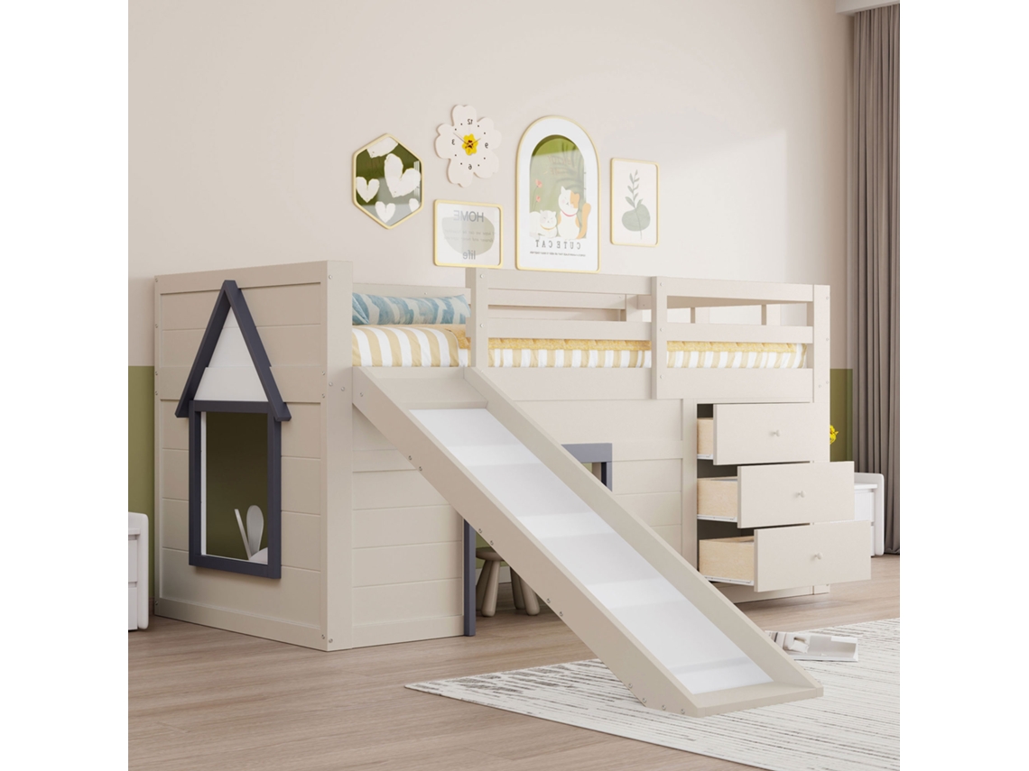Cama Alta Infantil De 90x200 Con Tobogán, 3 Cajones, 2 Puertas Y Espacio De Almacenamiento Color Beige.