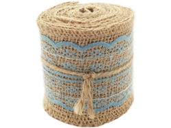 Cinta de yute natural con encaje azul, de 6 cm de ancho y 2 metros de largo, ideal para manualidades y decoración.