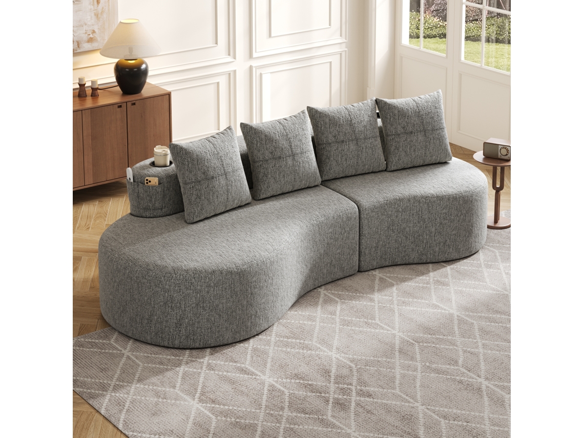 Sofá De Lino Con 4 Cojines - Espuma De Alta Densidad, Soporte De Muelles, Portavasos Y Bolsillo Lateral - Gris Claro