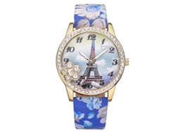Reloj De Pulsera Vansvar Para Mujer Con Diamantes De Imitación Y Estampado De Torre De Hierro Sobre Piel Sintética Azul Oscuro.