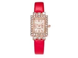 Reloj De Pulsera Cuadrado Para Mujer Con Diamantes De Imitación, Aleación Moderna Y Piel Sintética (rosa Y Rojo)