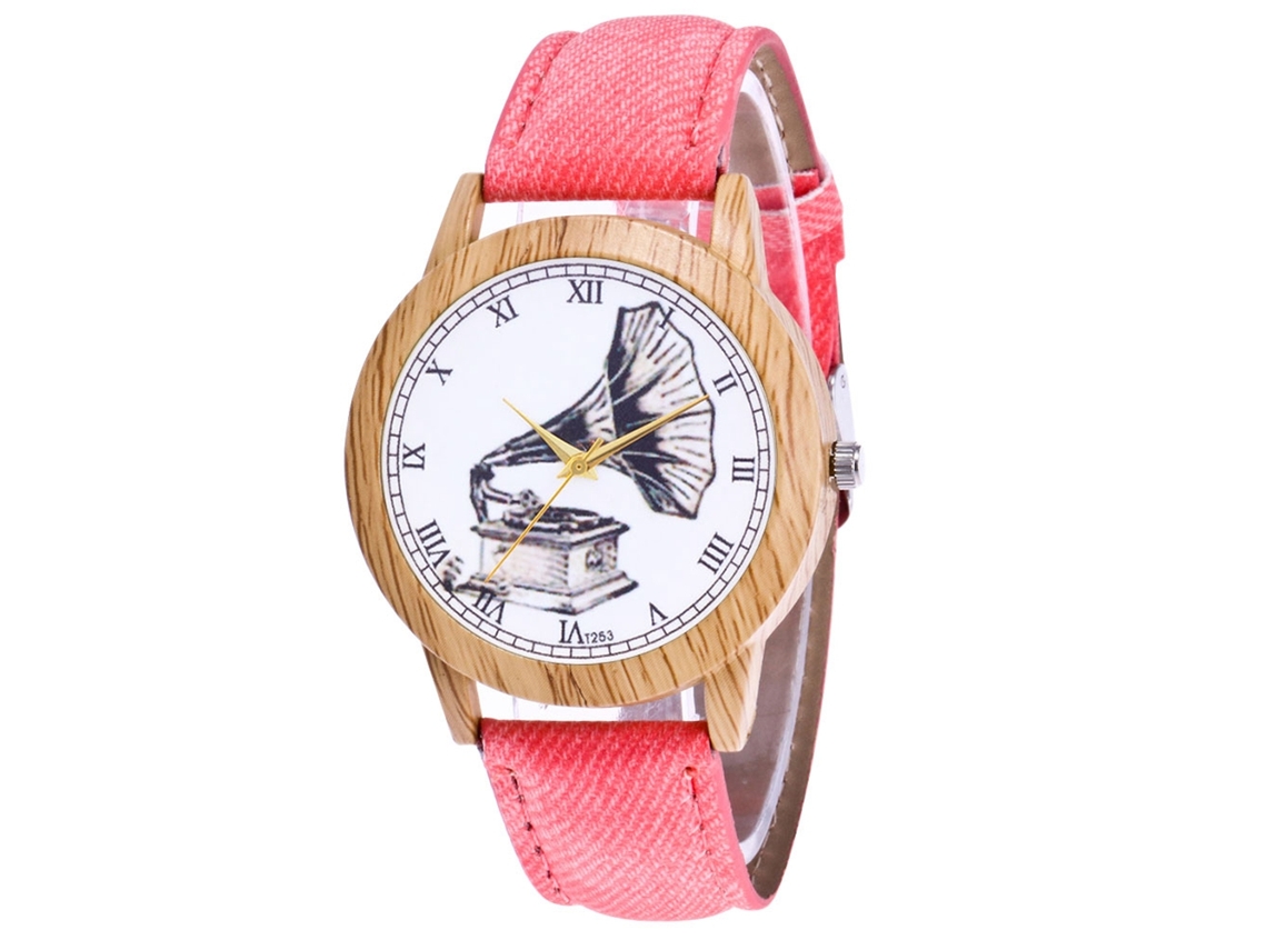 Reloj Unisex Informal De Cuarzo Con Correa De Lona, Estampado Vaquero, Fonógrafo Rosa, Zhoulianfa