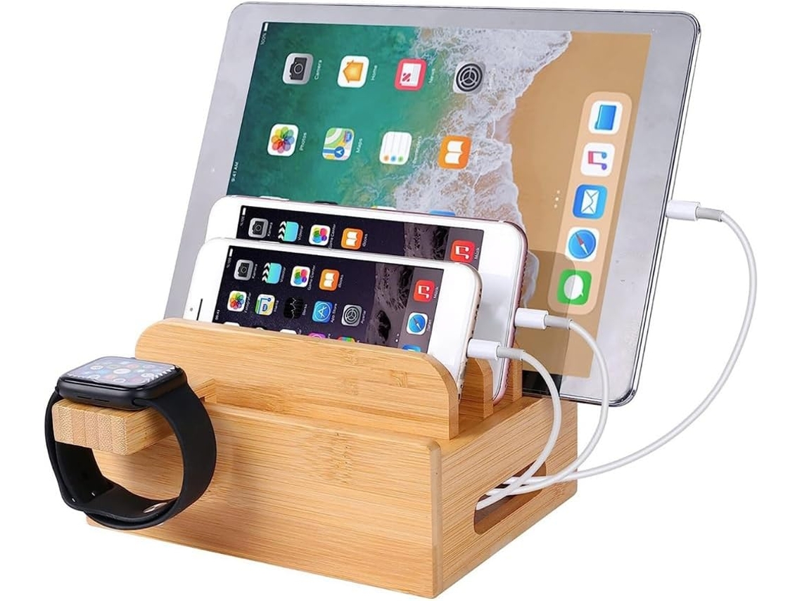 Organizador Electrónico De Madera De Bambú Con Estación De Carga Para Teléfono Y Auriculares, Soporte.