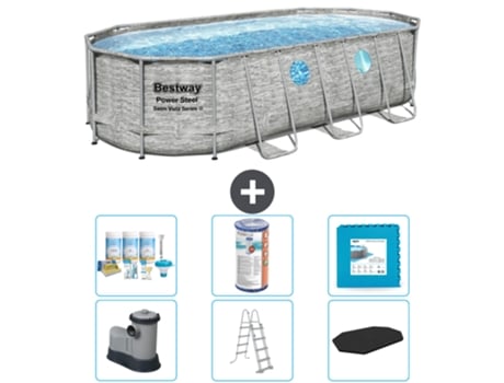 Piscina BESTWAY Oval Power Steel Swim Vista - Estampado Piedra - 549 x 274 x 122 - Incluye Bomba - Escalera - Cobertor Accesorios CB30