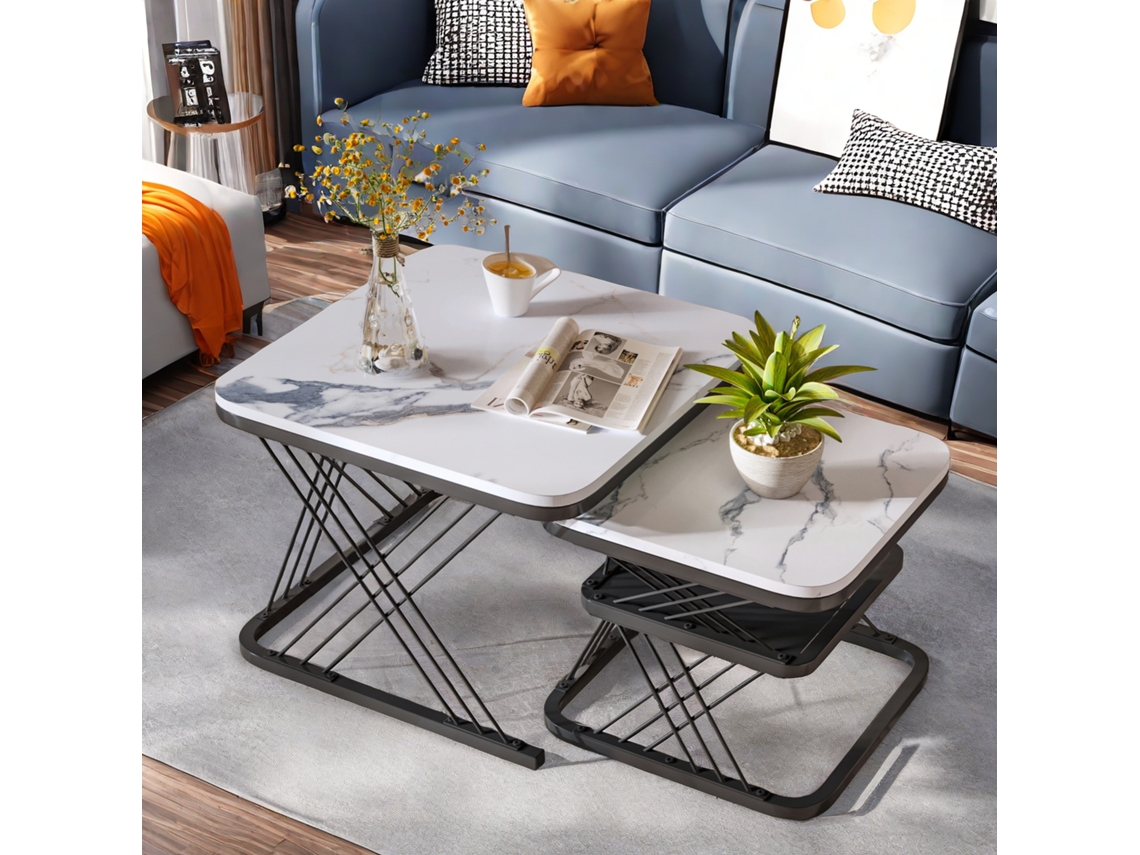 2 mesas de centro cuadradas modernas con estante de metal estable, muebles de sala de estar modernos, negro Rosahqnda