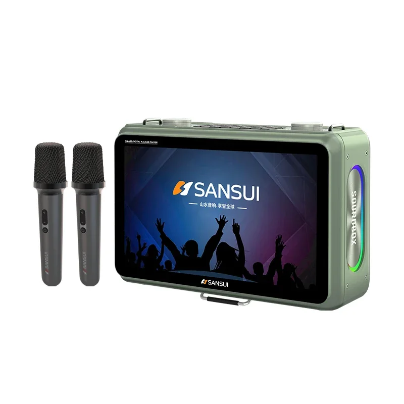 Altavoz Bluetooth Con Pantalla Táctil Hd De 14,1 Pulgadas, Karaoke De Vídeo Y Micrófonos Duales (verde Militar)