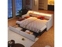 Sofá Cama De 90x200 Cm Con Led, Usb C, 2 Cajones Y Bolsillos De Almacenamiento, Color Beige, Plegable.