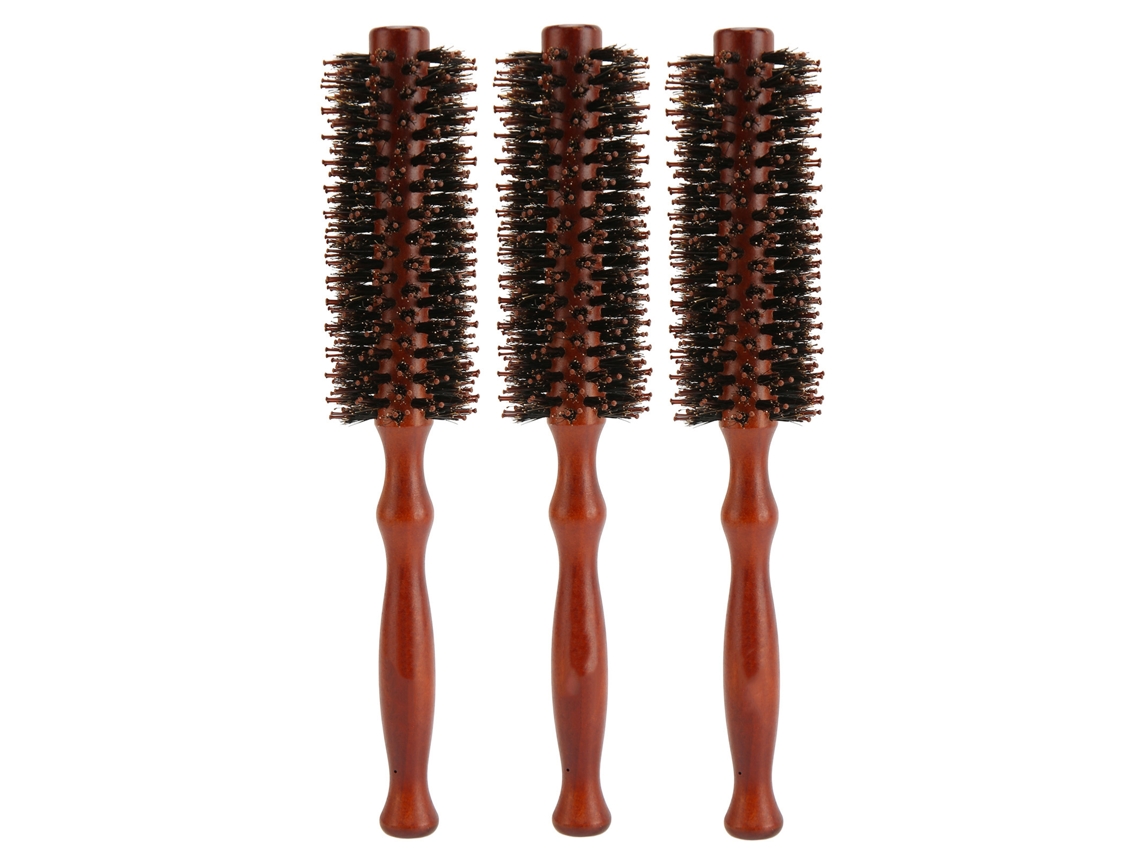 2026 - Conjunto de 3 escovas de cabelo redondas resistentes a altas temperaturas com cabo de madeira para uso doméstico e em salões de beleza.