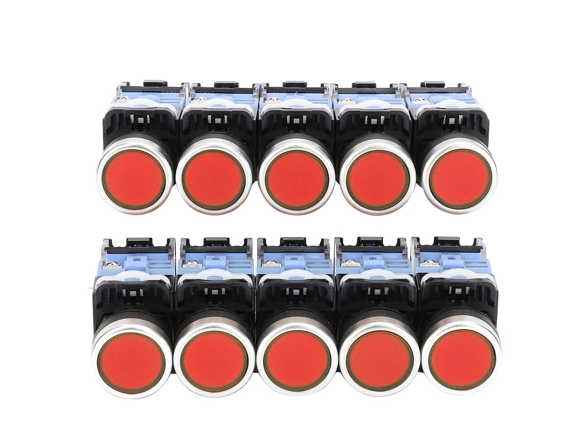 10 interruptores pulsadores planos autoblocantes LA38 de 22 mm con luz indicadora roja, 1 NA/1 NC