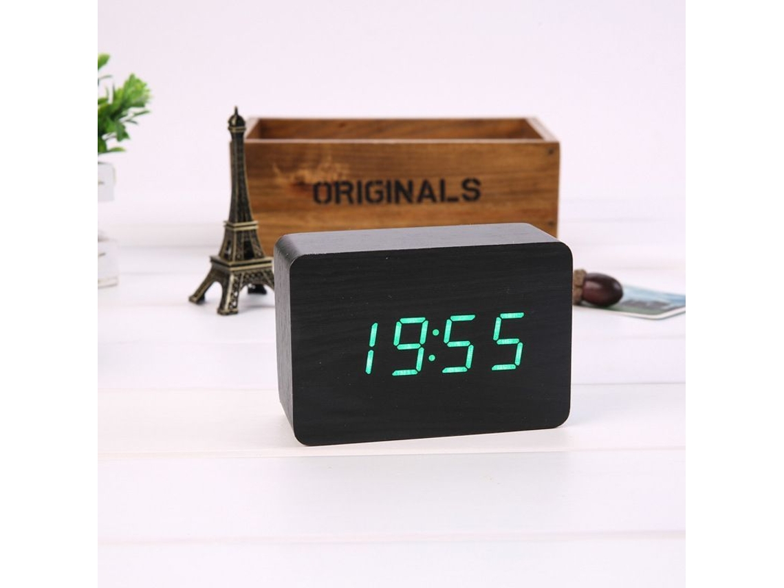 2026-reloj Despertador Digital Led Con Temperatura, 3 Alarmas, 2 Modos, 3 Ajustes De Brillo, Usb/batería (madera Negra Luz Verde)