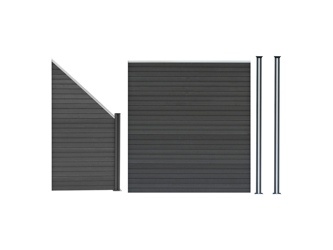 Valla exterior WPC 185 x 273 cm | Gris | 1 panel recto y 1 panel oblicuo de 2 postes con LED solar | Panel de doble cara | Diseño Monstershop