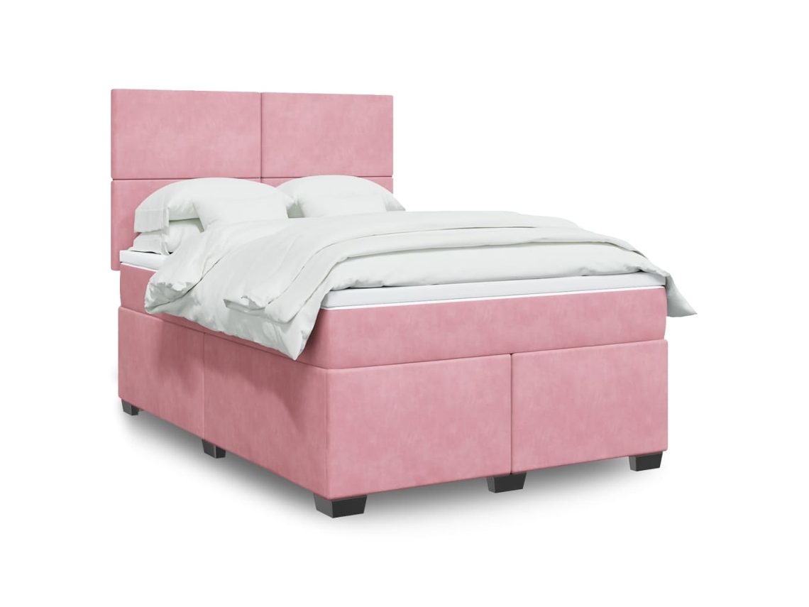 Cama Box Spring Con Colchón Terciopelo Rosa 160x200 Cm