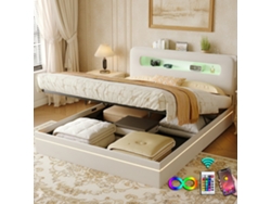 Cama Tapizada 160x200 Cm, Cama De Matrimonio, Con Luces Led, Con Caja De Almacenaje, Tela Terciopelo - Beige