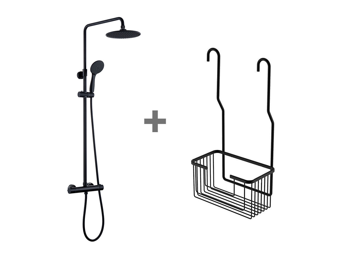 Kibath Pack Columna Ducha Termostática Redonda 83-120 Cm Negro Mate + Cesta Portageles Sol Rectangular Para Colgar En Grifería