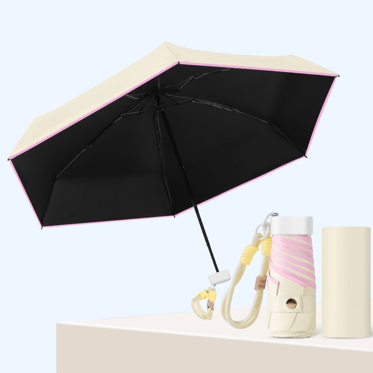(albaricoque) Mini Paraguas Plegable Upf50+ Con Pulsera De Cuerda Colorida, Paraguas Parasol, Paraguas De Bolsillo