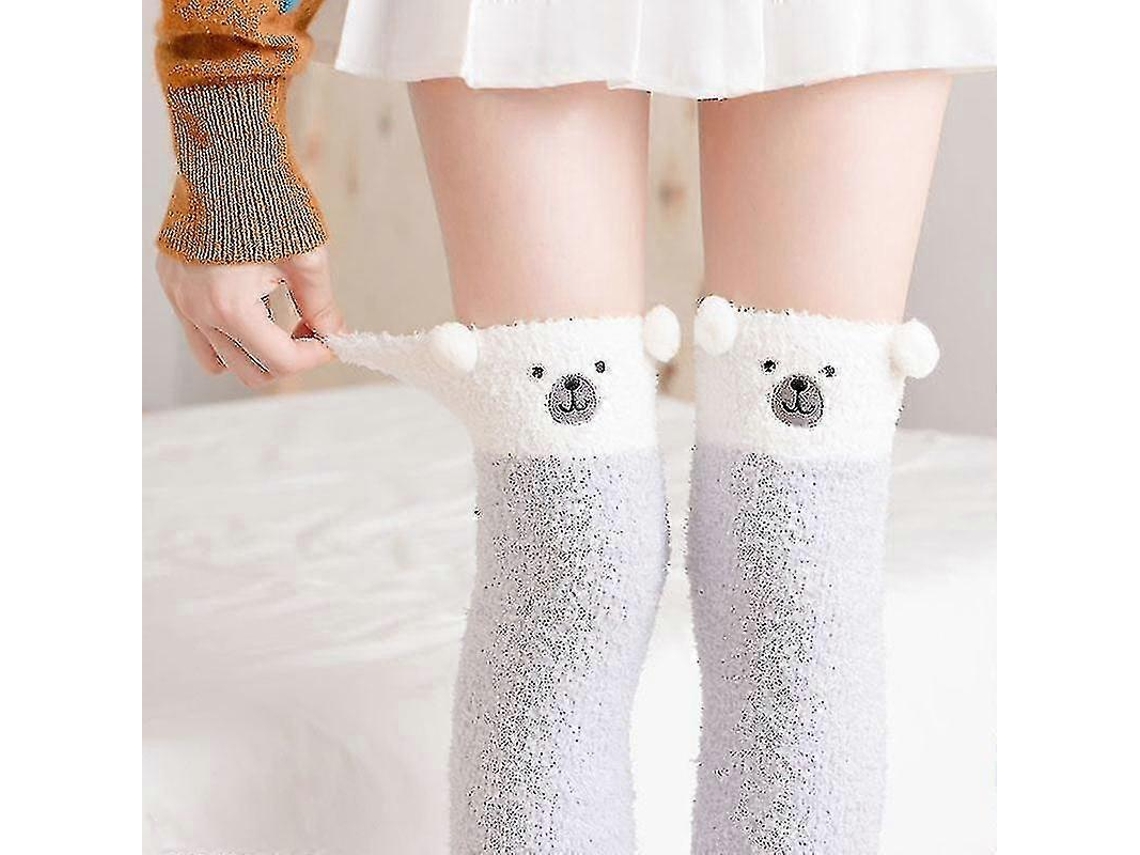 Calcetines suaves de lana coral hasta la rodilla, ideales para el invierno, para niñas y mujeres. Calcetines de rayas con estampados de animales, pelusas y dibujos animados.