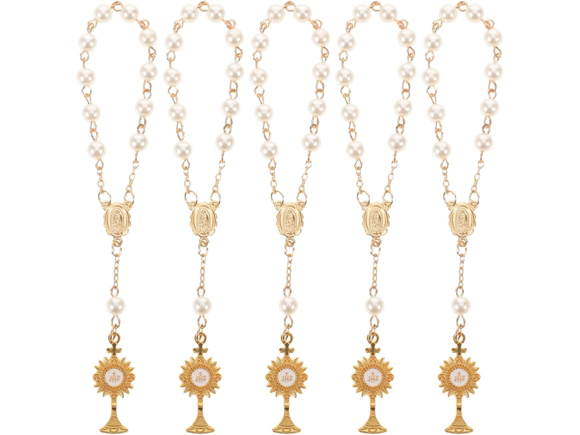 Pulsera De Perlas De 5 Piezas Para Bautismo Cristiano, Pulsera De Rosario De Oro Con Cruz Y Cáliz.