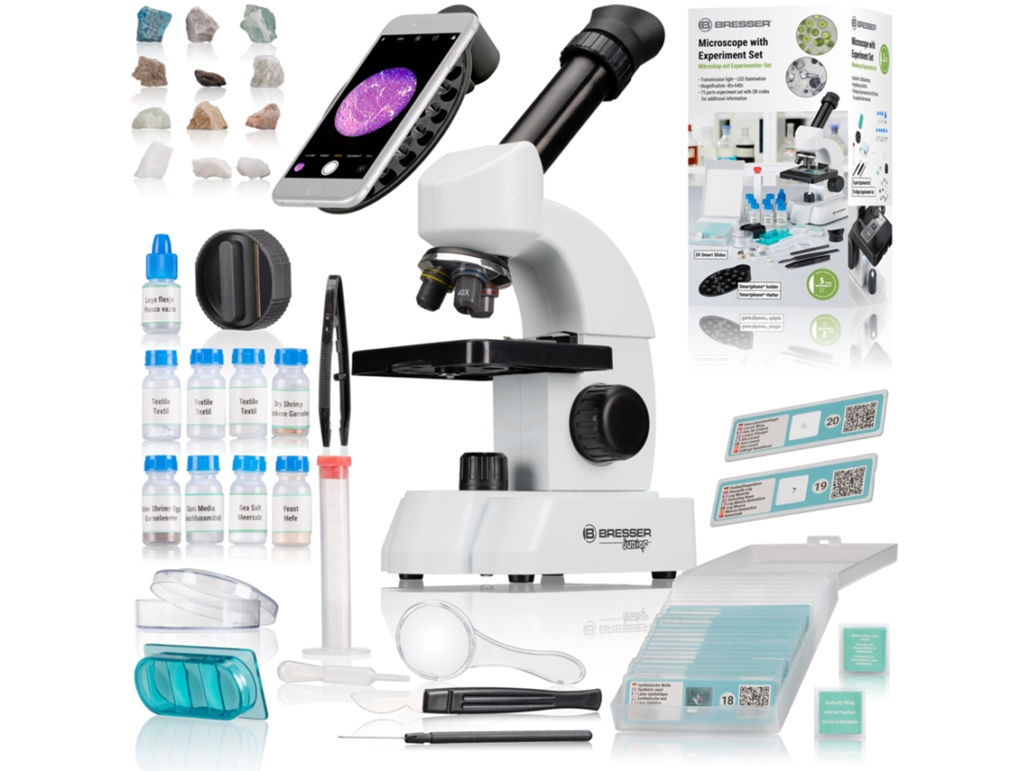 Microscopio Bresser Junior 40 640x con juego de accesorios inteligente y código QR para obtener más información
