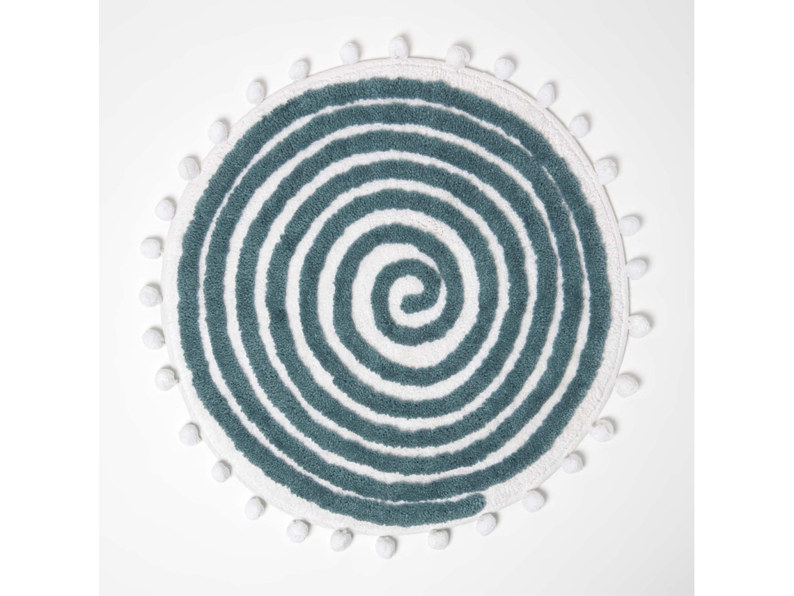 Homescapes Spiral Teal Cotton Bath Mat With Pom Pom Edges