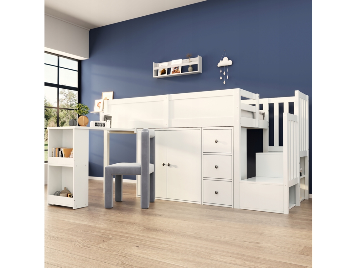 Âbeliche Arhatreya Infantil Con Mesa Extraã­ble, Armario, Cajã³n Y Escalera Con Baãºl - Mdf Blanco (90x200 Cm)â