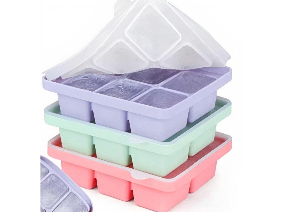 3 Bandejas De Silicona Para Cubitos De Hielo Con Tapa, 3x6 Cubitos (5 Cm), Para Bebidas, Verde, Morado, Rosa