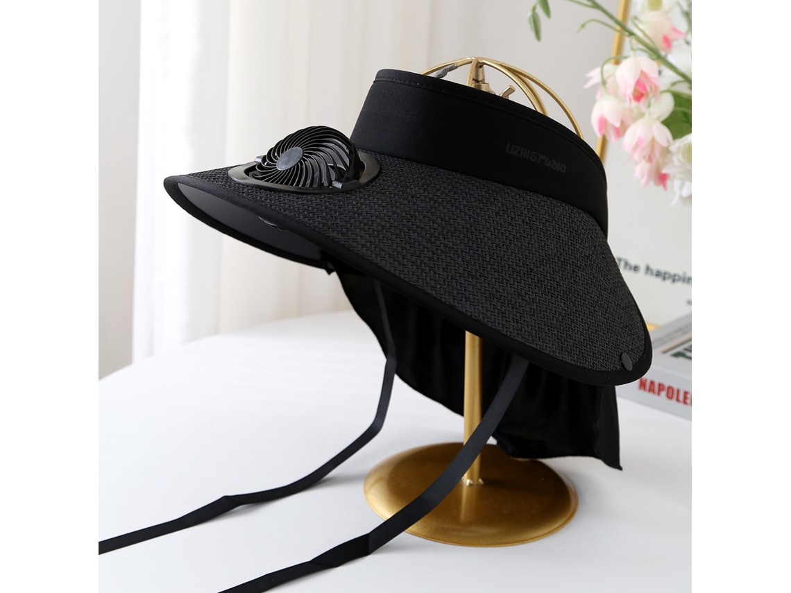 (negro) Sombrero De Sol De Larga Duración Con Ala Ancha, Carga Solar Y Potente Ventilador.