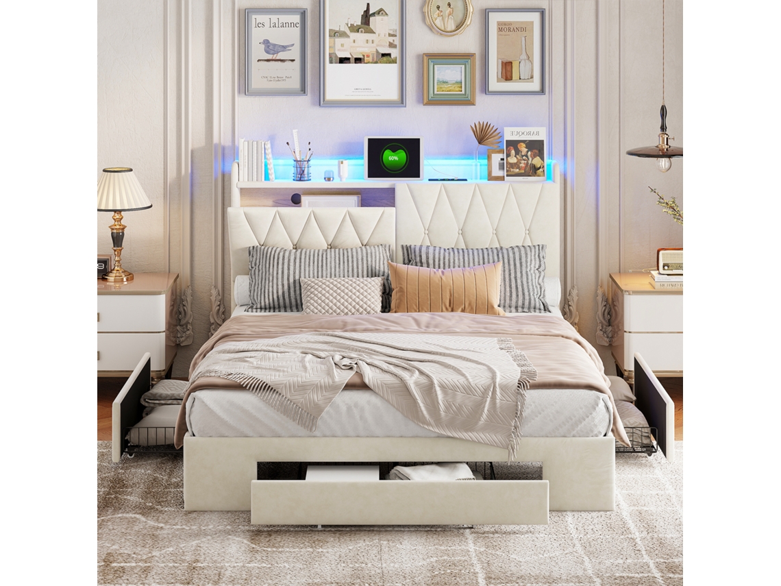 Cama Doble Tapizada, 140x190cm, Con Led Y Usb Y 3 Cajones, Cama Juvenil Con Almacenaje,cabecero Multifuncional,terciopelo Beige,sin Colchón