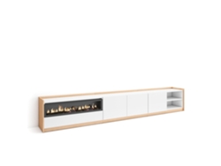 Mueble para TV, 310x37x50cm, para televisores de hasta 80'', chimenea eléctrica, blanco y roble claro.