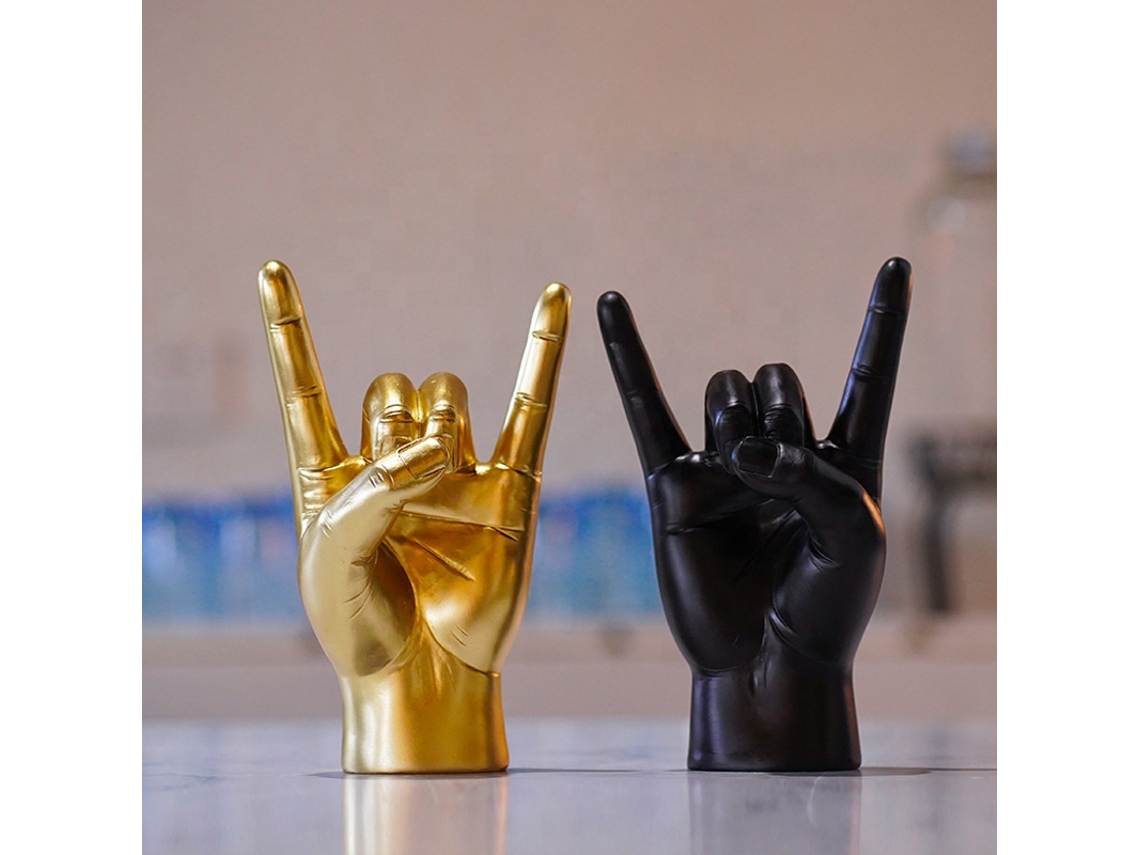 Escultura de metal con gestos de manos de una banda de rock, hecha a mano en resina, para decoración de oficina o sala de estar.