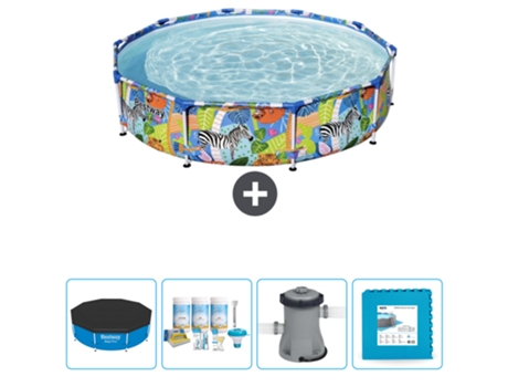 Piscina BESTWAY Round Steel Pro - 305 x 66 cm - Estampado Selva - Incluida Cubrir - Paquete de mantenimiento - Bomba - Baldosas