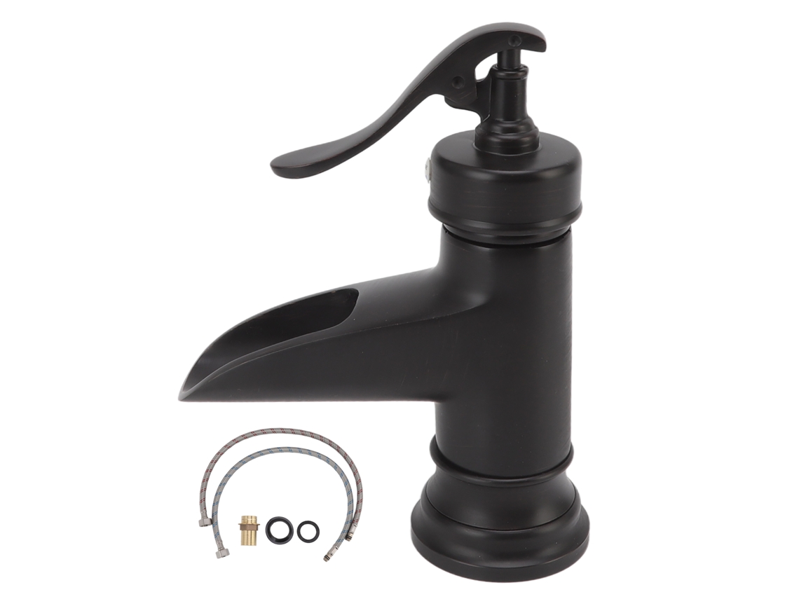 Grifo de lavabo de un solo orificio con cascada, control de agua fría y caliente, color negro