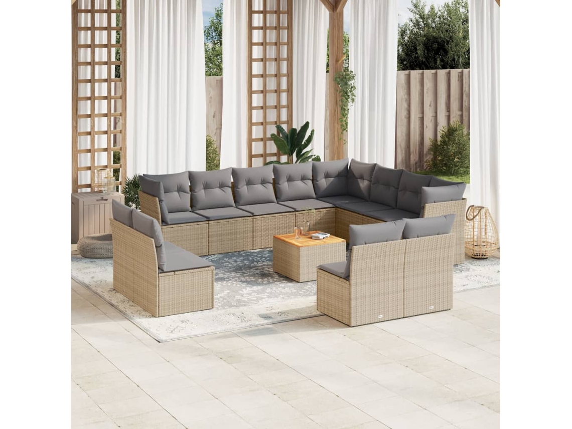Conjunto de sofá de jardín de 13 piezas con cojines, mimbre sintético beige, Dkd Home Decor