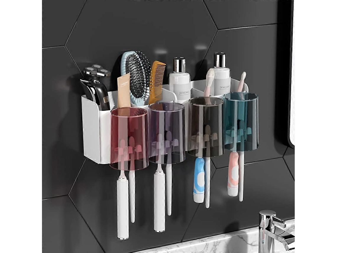 Estante De Baño Multifuncional Con 4 Vasos+8 Espacios Para Cabezales De Cepillo 31.6*11*15.3cm Sin Perforar Autoadehesivo Resistente